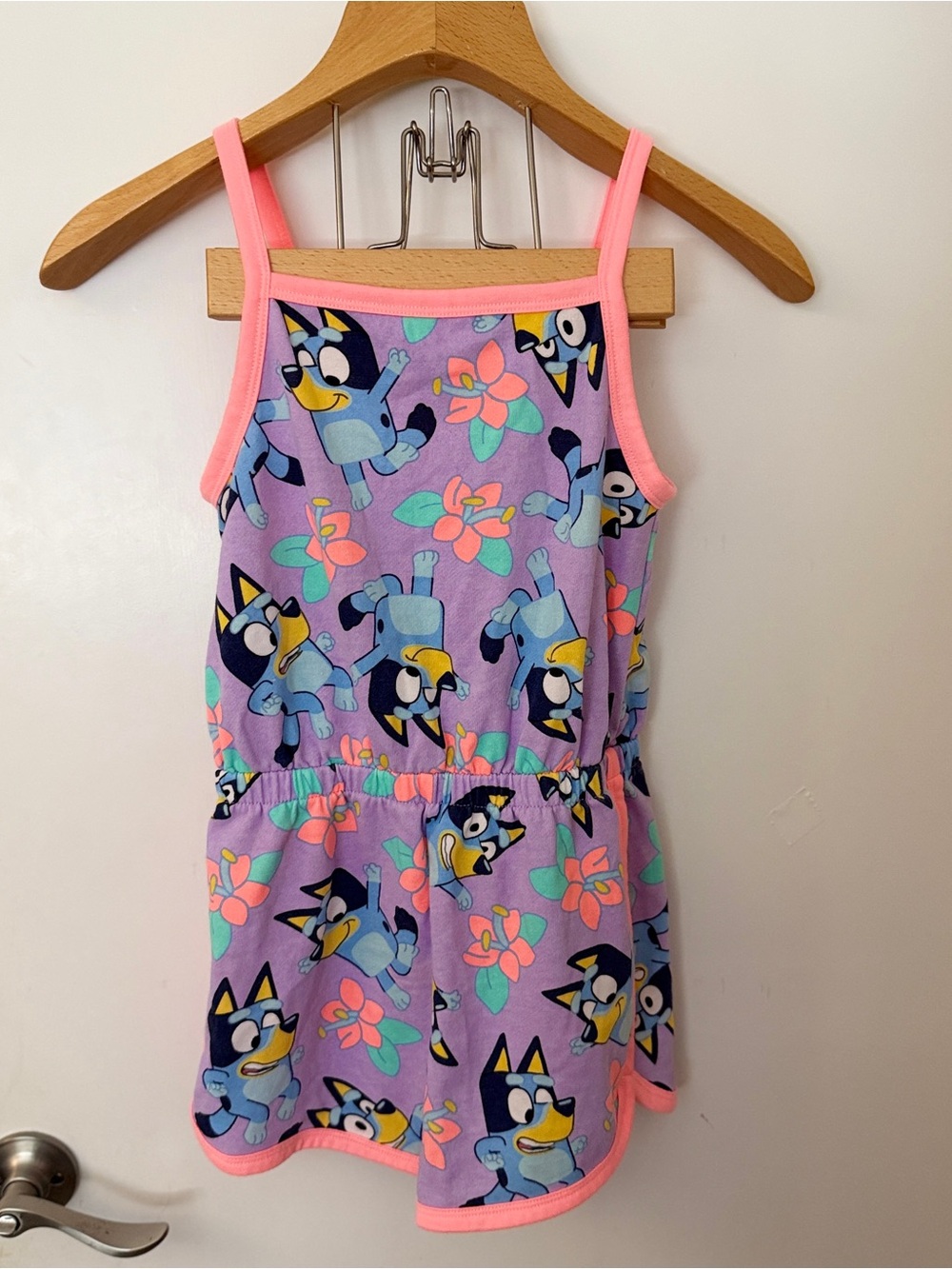 Girls' Purple Cartoon Dog Romper with Pink Trim